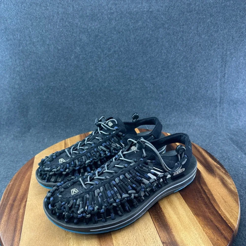 Keen Sandals Uneek Hiking Slip On Mens 10.5 Black Blue Braided Rope Cord 1014617